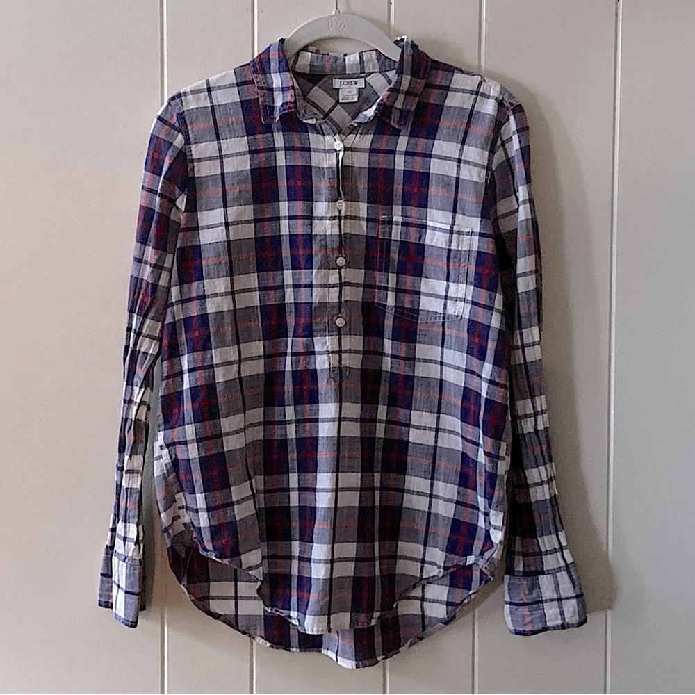 ⭐️ J Crew Multicolored Long Sleeved Plaid Partial Placket Shirt Size XS